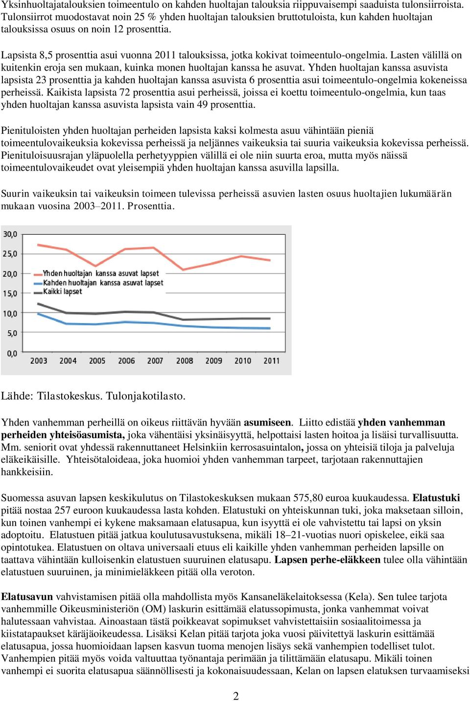 Lapsista 8,5 prosenttia asui vuonna 2011 talouksissa, jotka kokivat toimeentulo-ongelmia. Lasten välillä on kuitenkin eroja sen mukaan, kuinka monen huoltajan kanssa he asuvat.