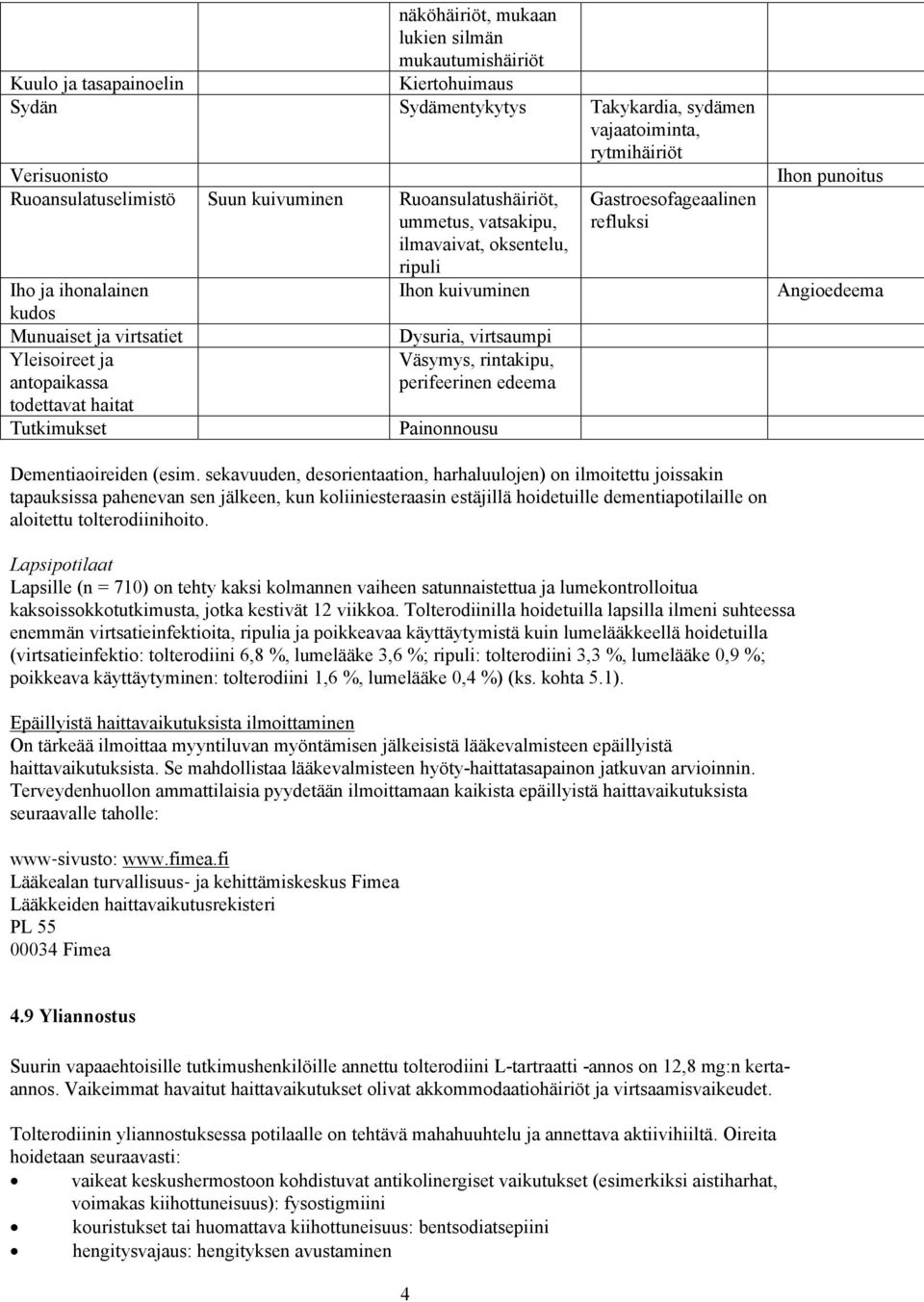 kuivuminen Dysuria, virtsaumpi Väsymys, rintakipu, perifeerinen edeema Painonnousu Gastroesofageaalinen refluksi Ihon punoitus Angioedeema Dementiaoireiden (esim.