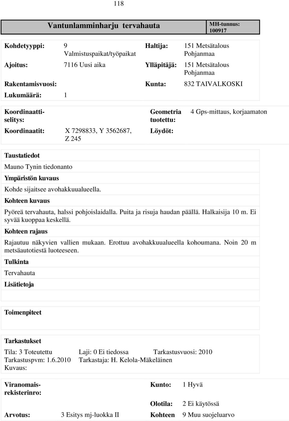 avohakkuualueella. Kohteen kuvaus Pyöreä tervahauta, halssi pohjoislaidalla. Puita ja risuja haudan päällä. Halkaisija 10 m. Ei syvää kuoppaa keskellä. Kohteen rajaus Rajautuu näkyvien vallien mukaan.