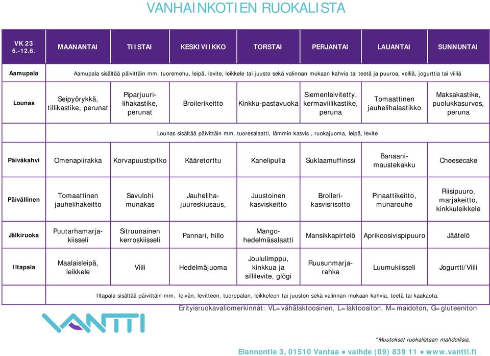 Siemenleivitetty, kermaviilikastike, Tomaattinen jauhelihalaatikko Maksakastike, puolukkasurvos, Päiväkahvi Omenapiirakka Korvapuustipitko Kääretorttu Kanelipulla Suklaamuffinssi Banaanimaustekakku