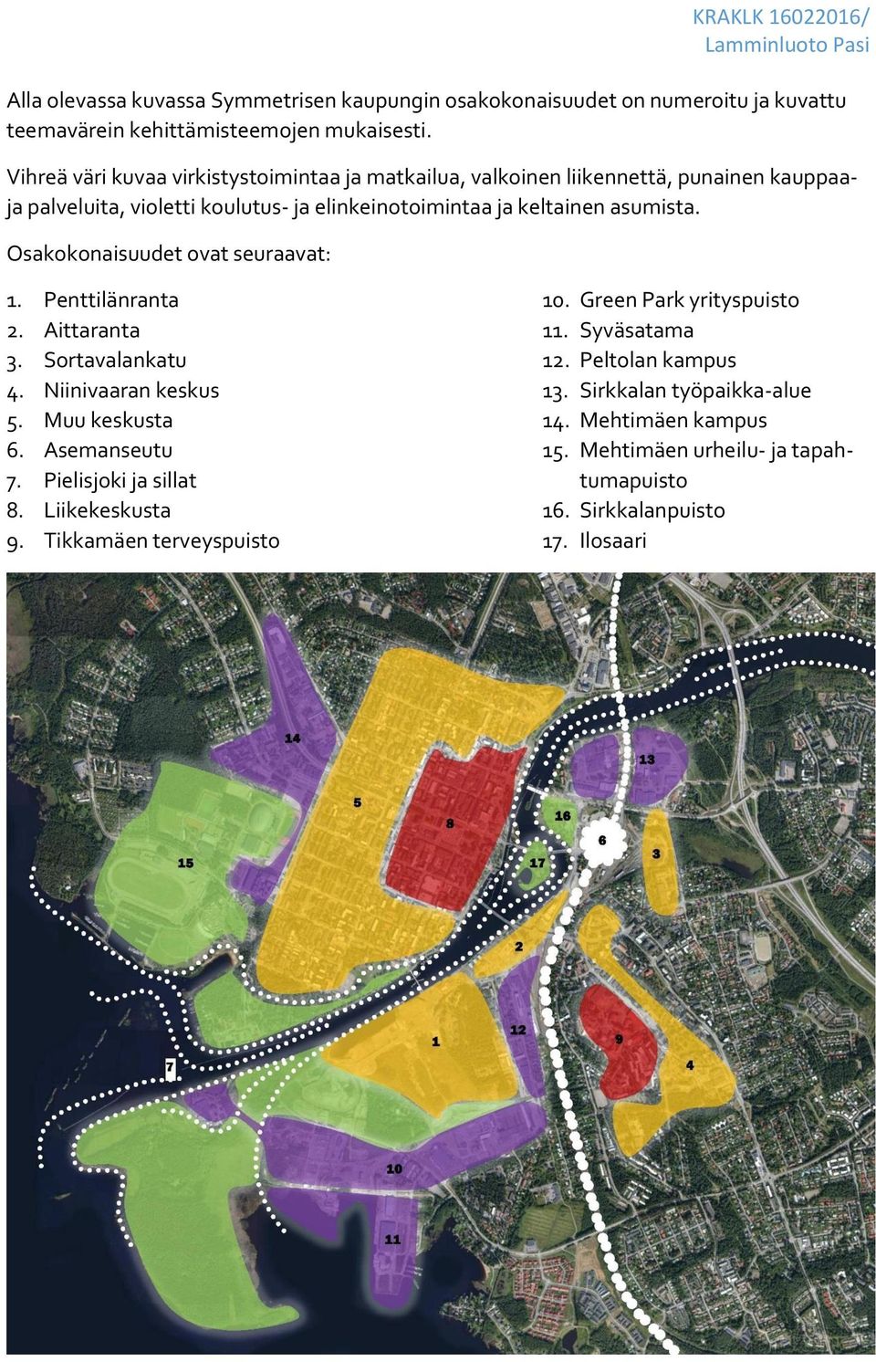 Osakokonaisuudet ovat seuraavat: 1. Penttilänranta 2. Aittaranta 3. Sortavalankatu 4. Niinivaaran keskus 5. Muu keskusta 6. Asemanseutu 7. Pielisjoki ja sillat 8. Liikekeskusta 9.