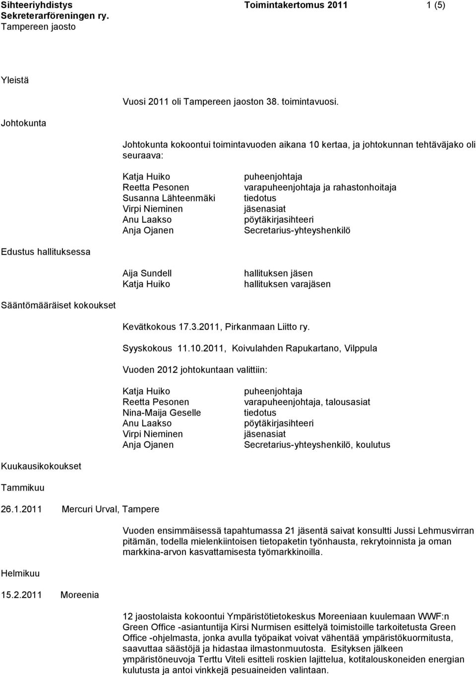 ja rahastonhoitaja tiedotus jäsenasiat pöytäkirjasihteeri Secretarius-yhteyshenkilö Edustus hallituksessa Aija Sundell hallituksen jäsen hallituksen varajäsen Sääntömääräiset kokoukset Kevätkokous 17.