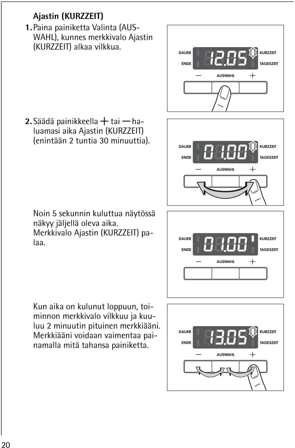 Noin 5 sekunnin kuluttua näytössä näkyy jäljellä oleva aika. Merkkivalo Ajastin (KURZZEIT) palaa.