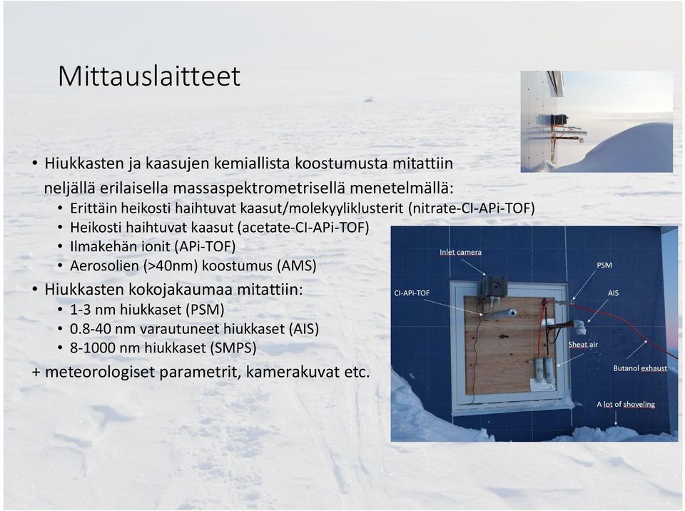 (acetate-ci-api-tof) Ilmakehän ionit (APi-TOF) Aerosolien (>40nm) koostumus (AMS) Hiukkasten kokojakaumaa mitattiin: 1-3