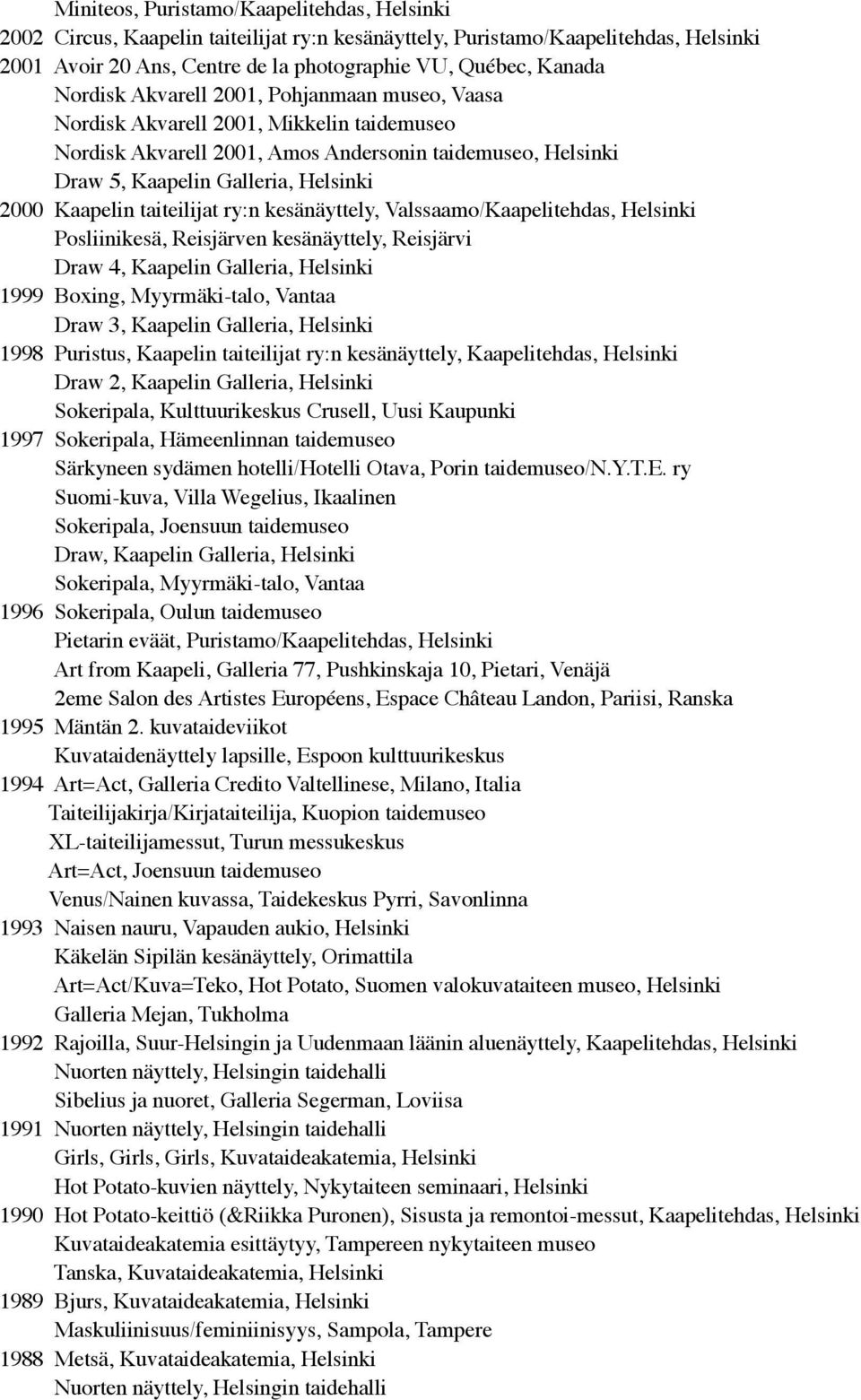 taiteilijat ry:n kesänäyttely, Valssaamo/Kaapelitehdas, Helsinki Posliinikesä, Reisjärven kesänäyttely, Reisjärvi Draw 4, Kaapelin Galleria, Helsinki 1999 Boxing, Myyrmäki-talo, Vantaa Draw 3,