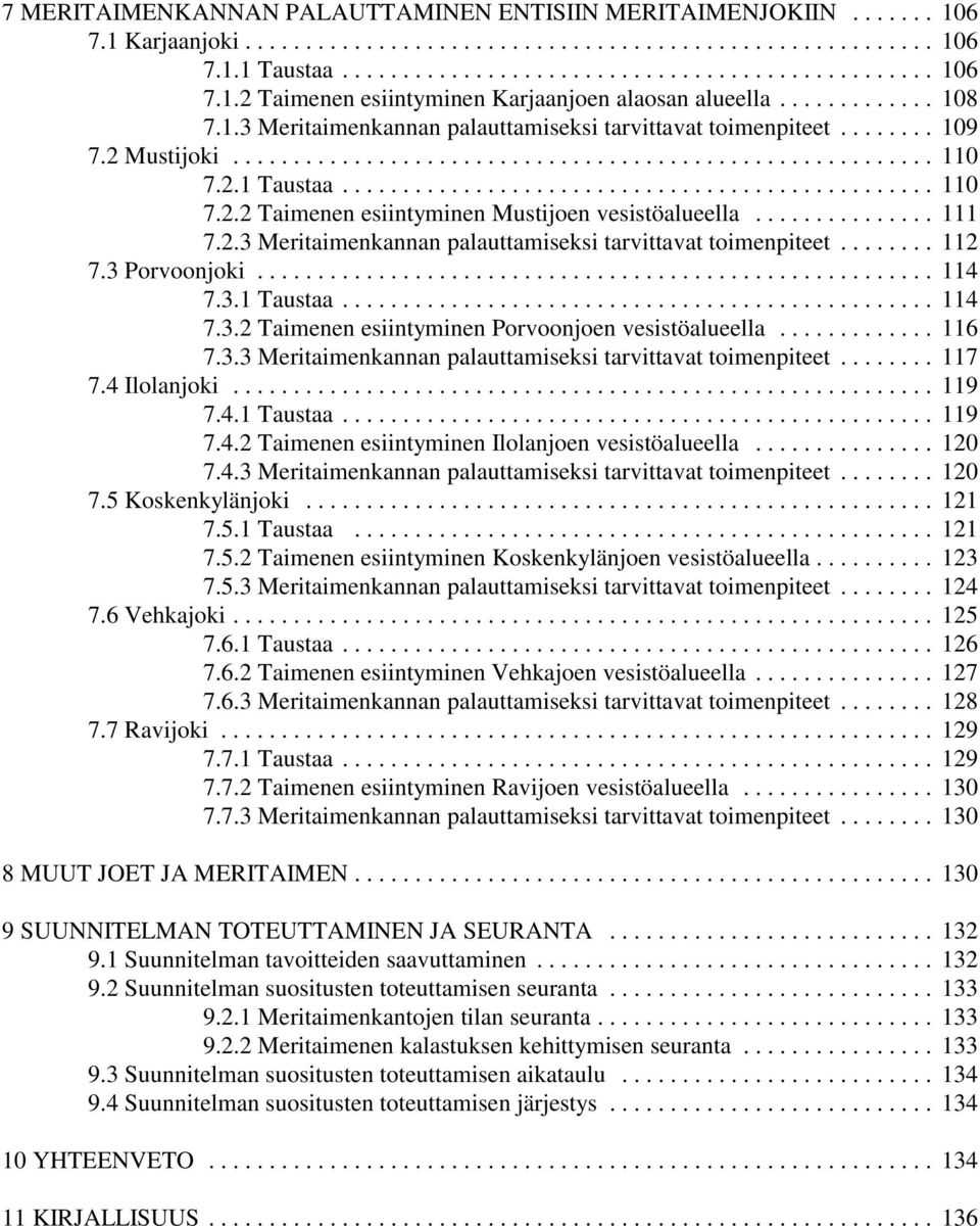 .. 114 7.3.1 Taustaa... 114 7.3.2 Taimenen esiintyminen Porvoonjoen vesistöalueella... 116 7.3.3 Meritaimenkannan palauttamiseksi tarvittavat toimenpiteet... 117 7.4Ilolanjoki... 119 7.4.1 Taustaa... 119 7.4.2 Taimenen esiintyminen Ilolanjoen vesistöalueella.