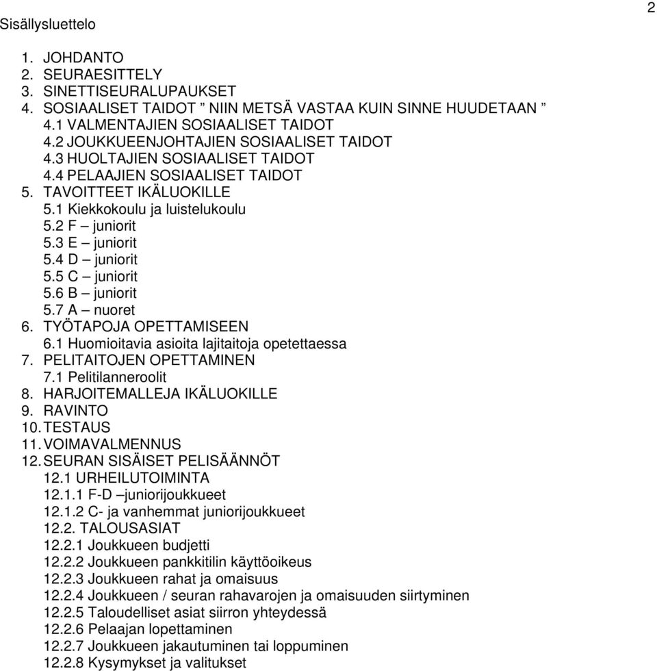 4 D juniorit 5.5 C juniorit 5.6 B juniorit 5.7 A nuoret 6. TYÖTAPOJA OPETTAMISEEN 6.1 Huomioitavia asioita lajitaitoja opetettaessa 7. PELITAITOJEN OPETTAMINEN 7.1 Pelitilanneroolit 8.