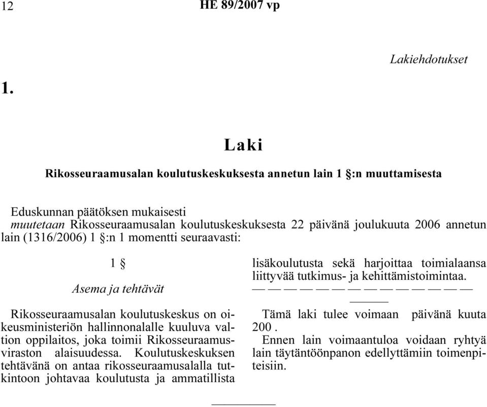 annetun lain (1316/2006) 1 :n 1 momentti seuraavasti: 1 Asema ja tehtävät Rikosseuraamusalan koulutuskeskus on oikeusministeriön hallinnonalalle kuuluva valtion oppilaitos, joka toimii