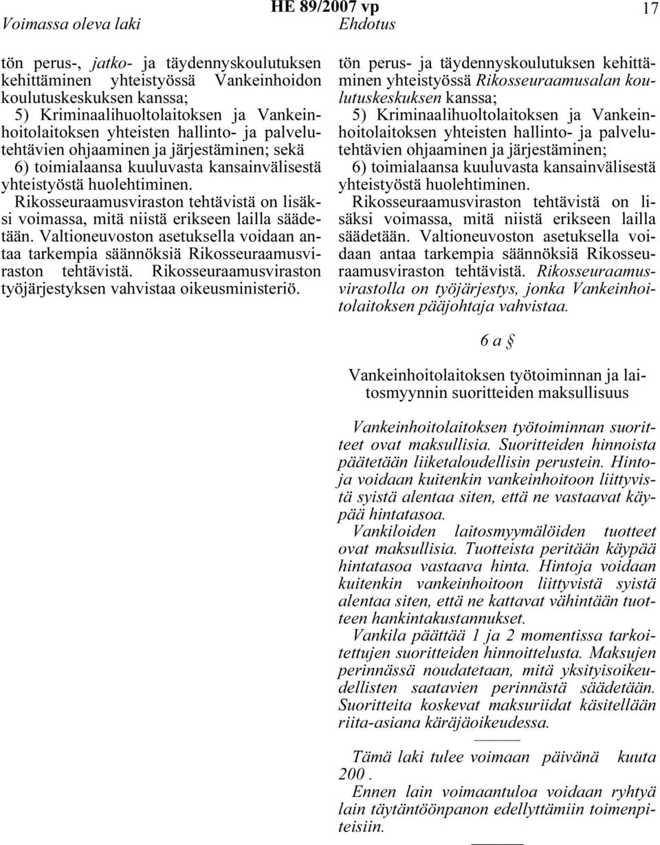 Rikosseuraamusviraston tehtävistä on lisäksi voimassa, mitä niistä erikseen lailla säädetään. Valtioneuvoston asetuksella voidaan antaa tarkempia säännöksiä Rikosseuraamusviraston tehtävistä.