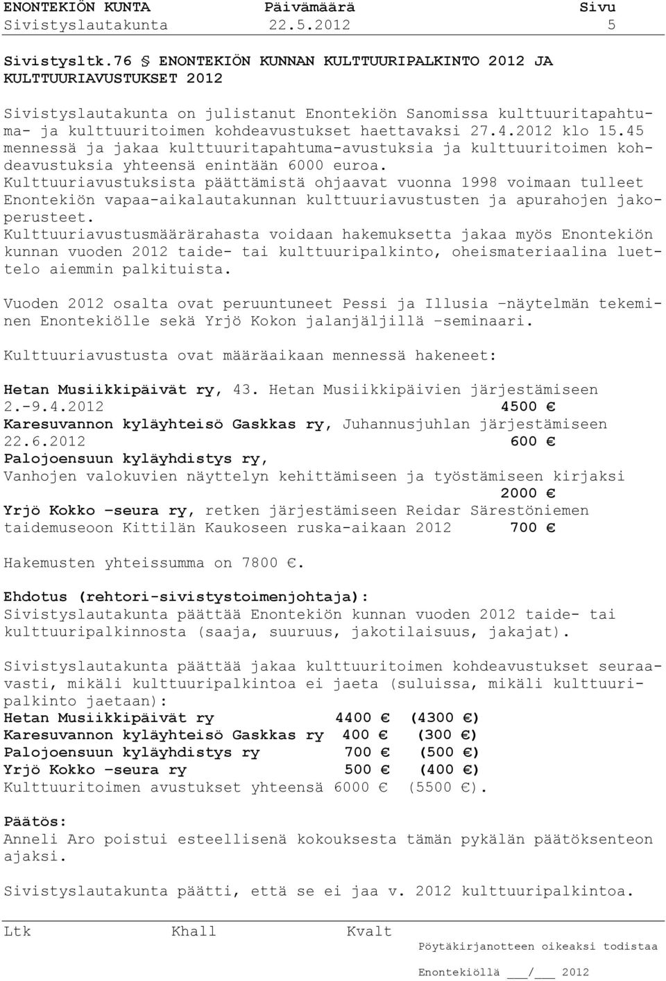 2012 klo 15.45 mennessä ja jakaa kulttuuritapahtuma-avustuksia ja kulttuuritoimen kohdeavustuksia yhteensä enintään 6000 euroa.