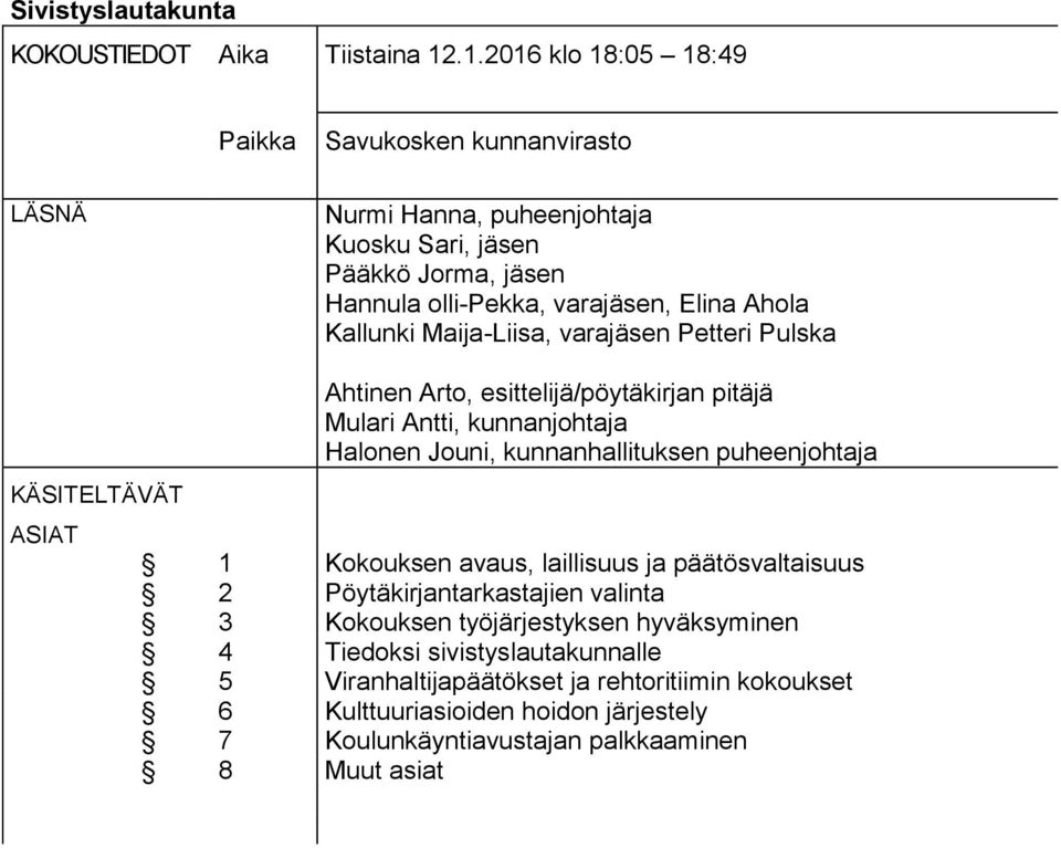 Kallunki Maija-Liisa, varajäsen Petteri Pulska KÄSITELTÄVÄT ASIAT Ahtinen Arto, esittelijä/pöytäkirjan pitäjä Mulari Antti, kunnanjohtaja Halonen Jouni, kunnanhallituksen