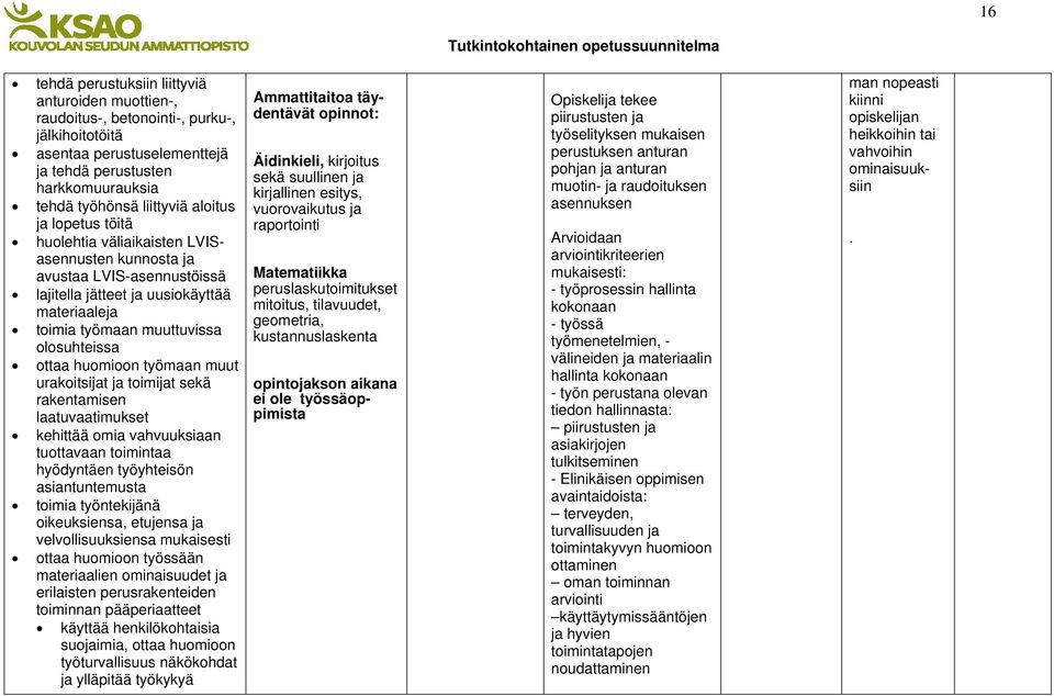 huomioon työmaan muut urakoitsijat ja toimijat sekä rakentamisen laatuvaatimukset kehittää omia vahvuuksiaan tuottavaan toimintaa hyödyntäen työyhteisön asiantuntemusta toimia työntekijänä