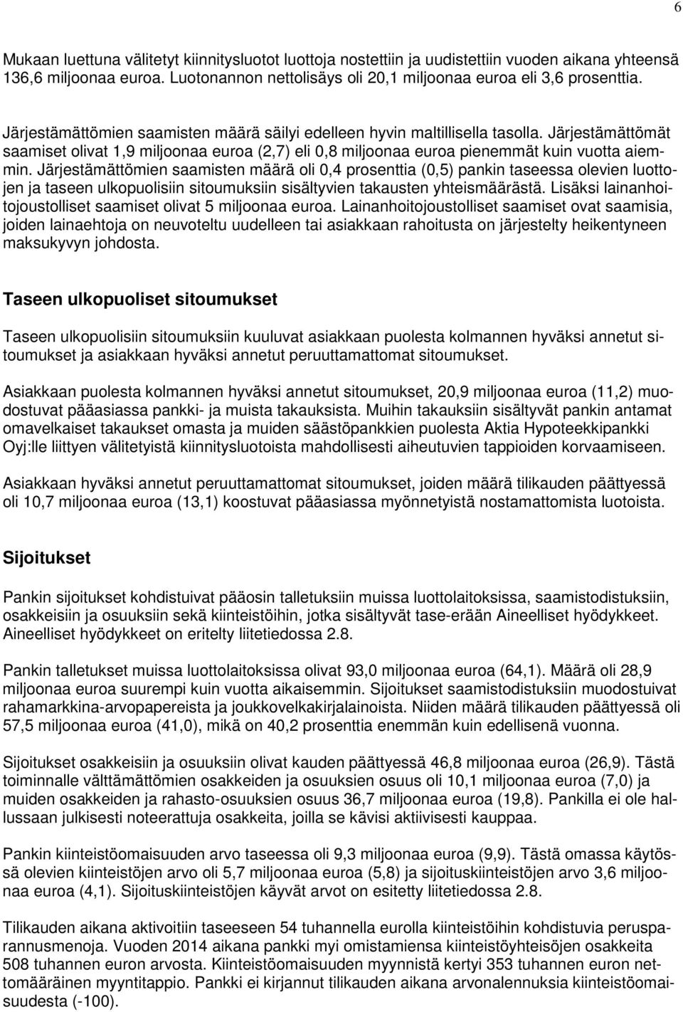 Järjestämättömien saamisten määrä oli 0,4 prosenttia (0,5) pankin taseessa olevien luottojen ja taseen ulkopuolisiin sitoumuksiin sisältyvien takausten yhteismäärästä.