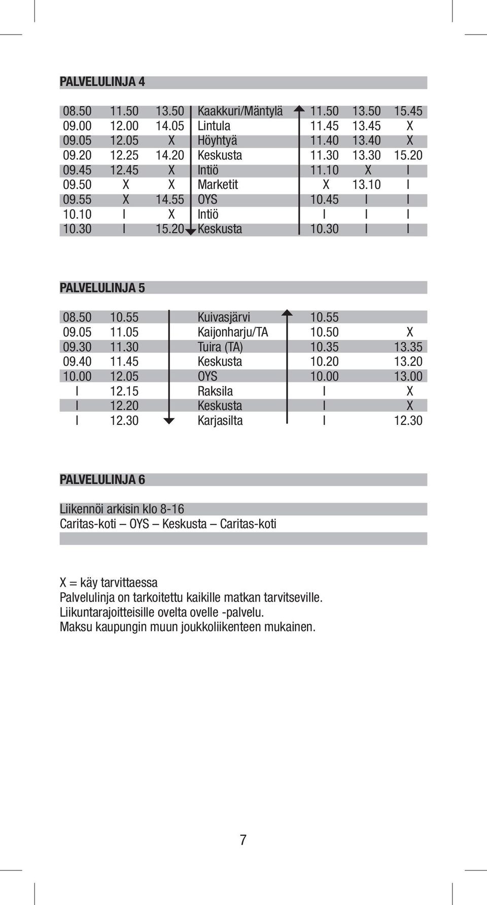 05 Kaijonharju/TA 10.50 X 09.30 11.30 Tuira (TA) 10.35 13.35 09.40 11.45 Keskusta 10.20 13.20 10.00 12.05 OYS 10.00 13.00 I 12.15 Raksila I X I 12.20 Keskusta I X I 12.30 Karjasilta I 12.