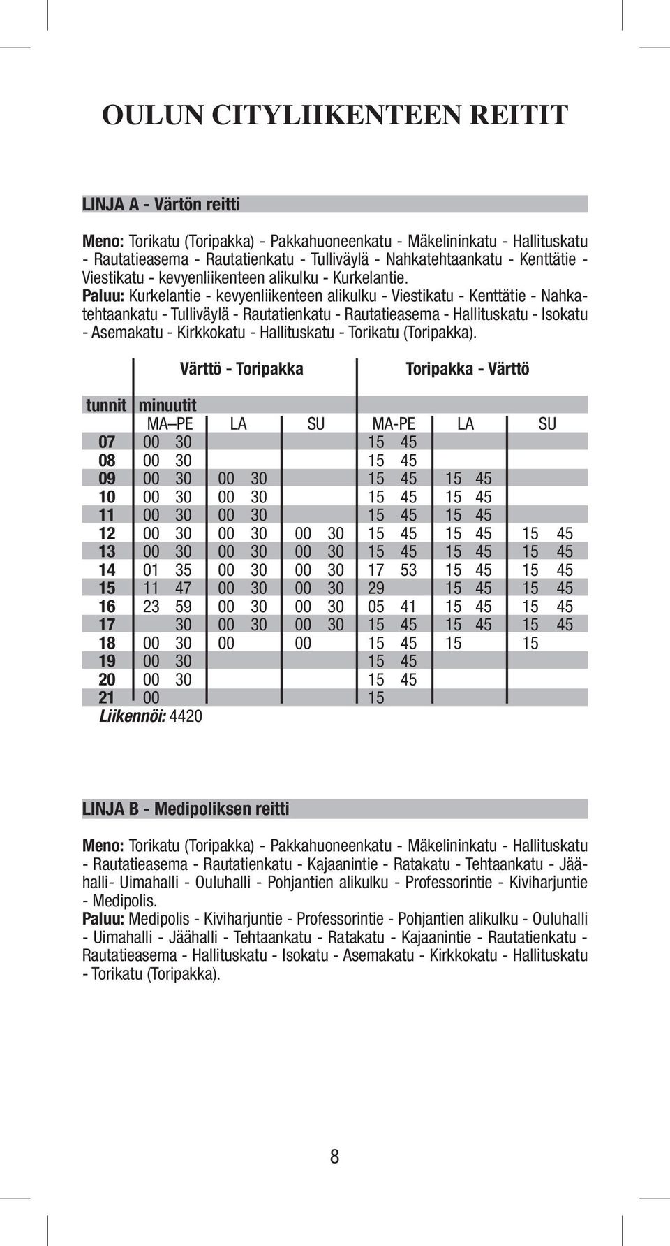 Paluu: Kurkelantie - kevyenliikenteen alikulku - Viestikatu - Kenttätie - Nahkatehtaankatu - Tulliväylä - Rautatienkatu - Rautatieasema - Hallituskatu - Isokatu - Asemakatu - Kirkkokatu -