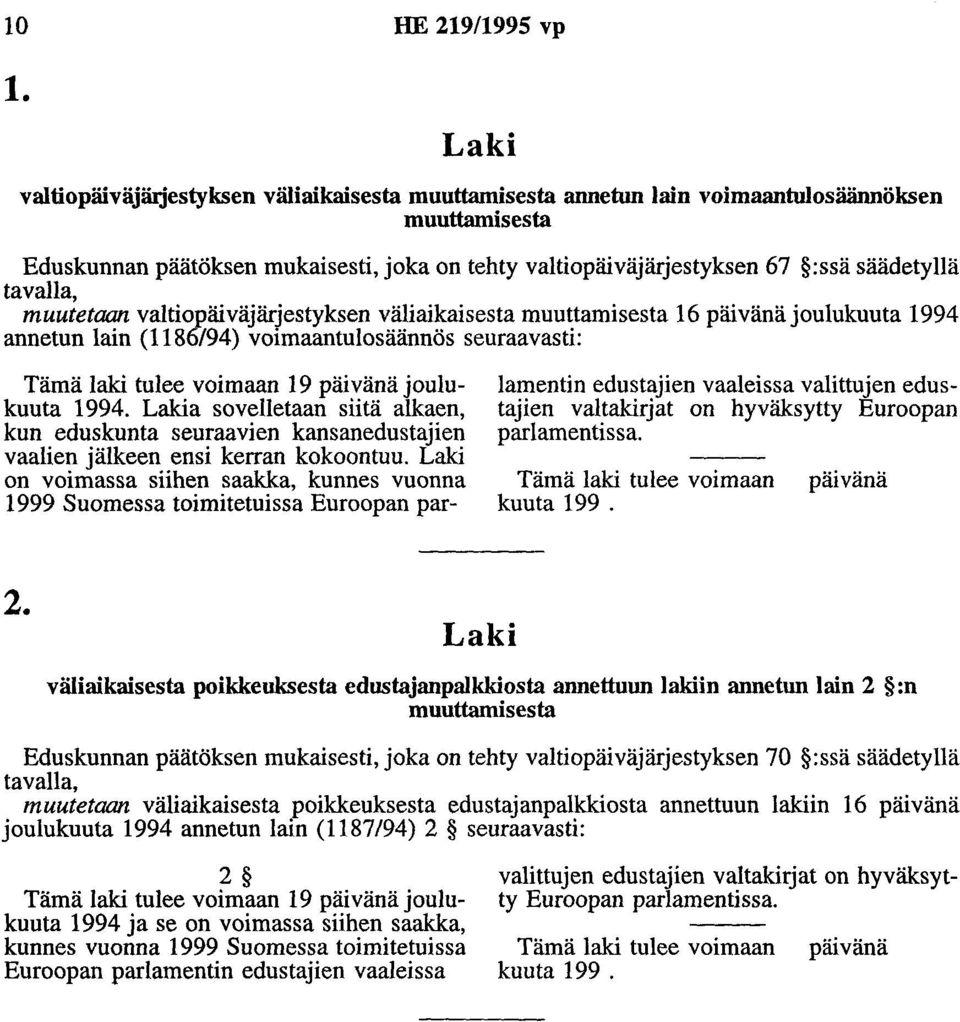 tavalla, muutetaan valtiopäiväjärjestyksen väliaikaisesta muuttamisesta 16 päivänäjoulukuuta 1994 annetun lain (1186/94) voimaantulosäännös seuraavasti: Tämä laki tulee voimaan 19 päivänäjoulukuuta