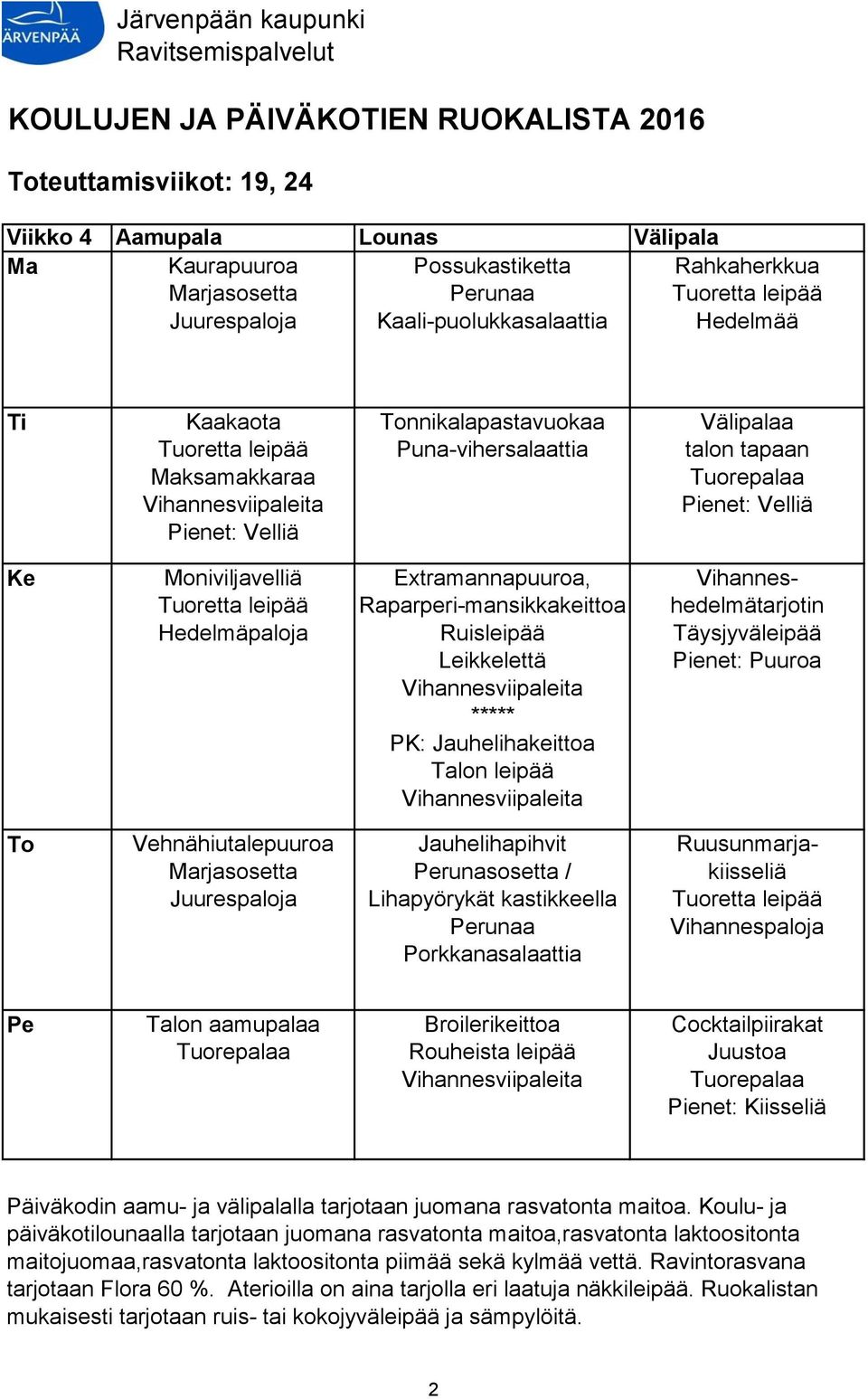 Extramannapuuroa, Raparperi-mansikkakeittoa ***** PK: Jauhelihakeittoa Vihanneshedelmätarjotin Täysjyväleipää Vehnähiutalepuuroa