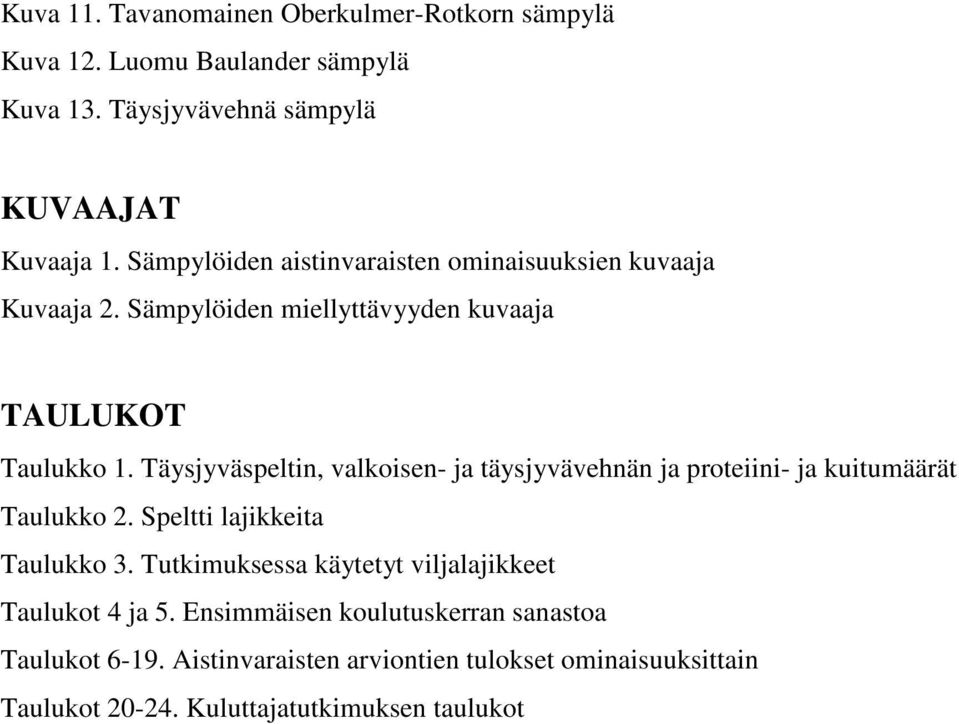 Täysjyväspeltin, valkoisen- ja täysjyvävehnän ja proteiini- ja kuitumäärät Taulukko 2. Speltti lajikkeita Taulukko 3.