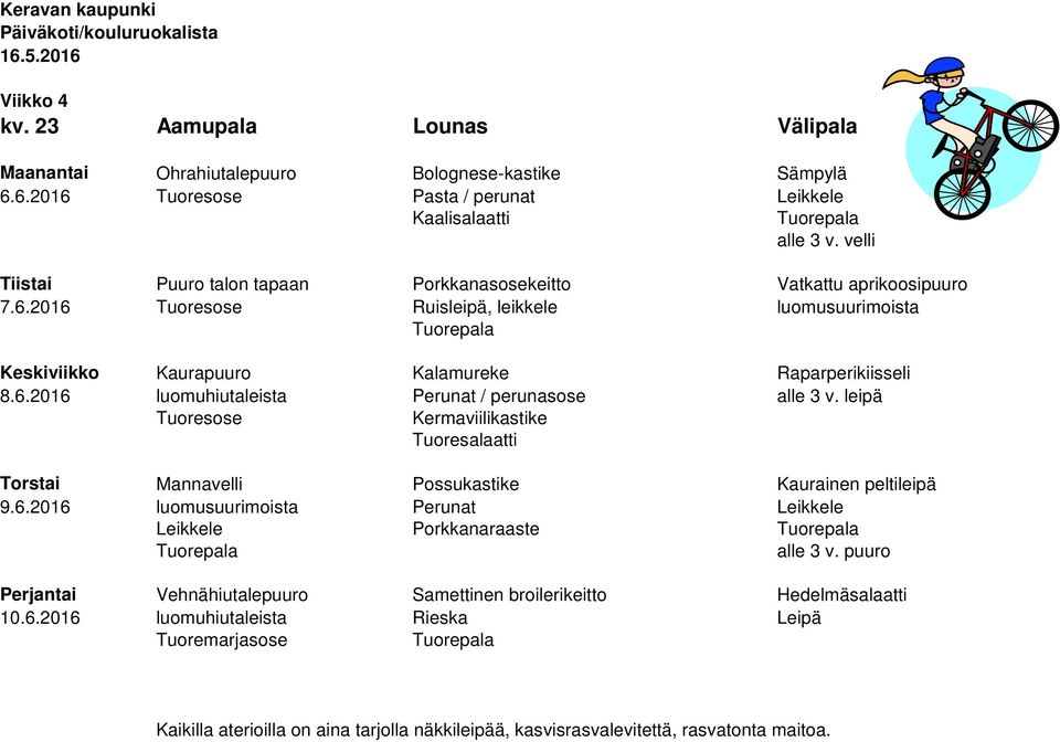 6.2016 luomuhiutaleista Perunat / perunasose alle 3 v. leipä Kermaviilikastike Torstai Mannavelli Possukastike Kaurainen peltileipä 9.6.2016 luomusuurimoista Perunat Leikkele Leikkele Porkkanaraaste Perjantai Vehnähiutalepuuro Samettinen broilerikeitto Hedelmäsalaatti 10.