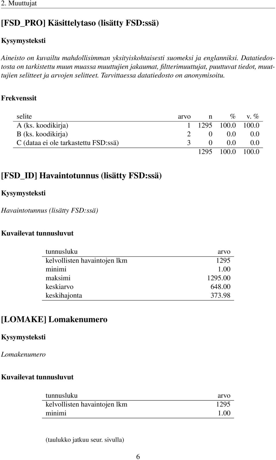 koodikirja) 1 B (ks. koodikirja) 2 0 0.0 0.0 C (dataa ei ole tarkastettu FSD:ssä) 3 0 0.0 0.0 [FSD_ID] Havaintotunnus (lisätty FSD:ssä) Havaintotunnus (lisätty FSD:ssä) Kuvailevat tunnusluvut tunnusluku arvo kelvollisten havaintojen lkm 1295 minimi 1.