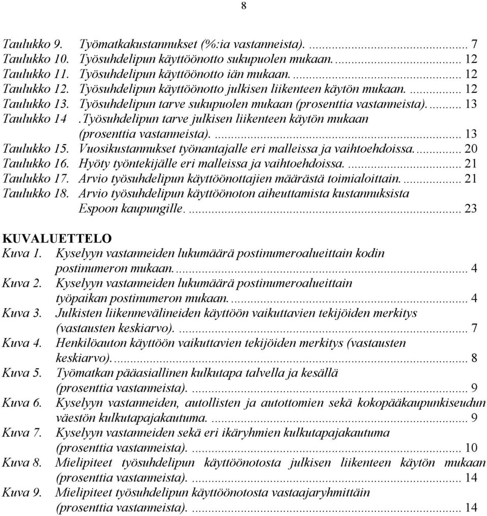 Työsuhdelipun tarve julkisen liikenteen käytön mukaan (prosenttia vastanneista).... 13 Taulukko 15. Vuosikustannukset työnantajalle eri malleissa ja vaihtoehdoissa... 20 Taulukko 16.