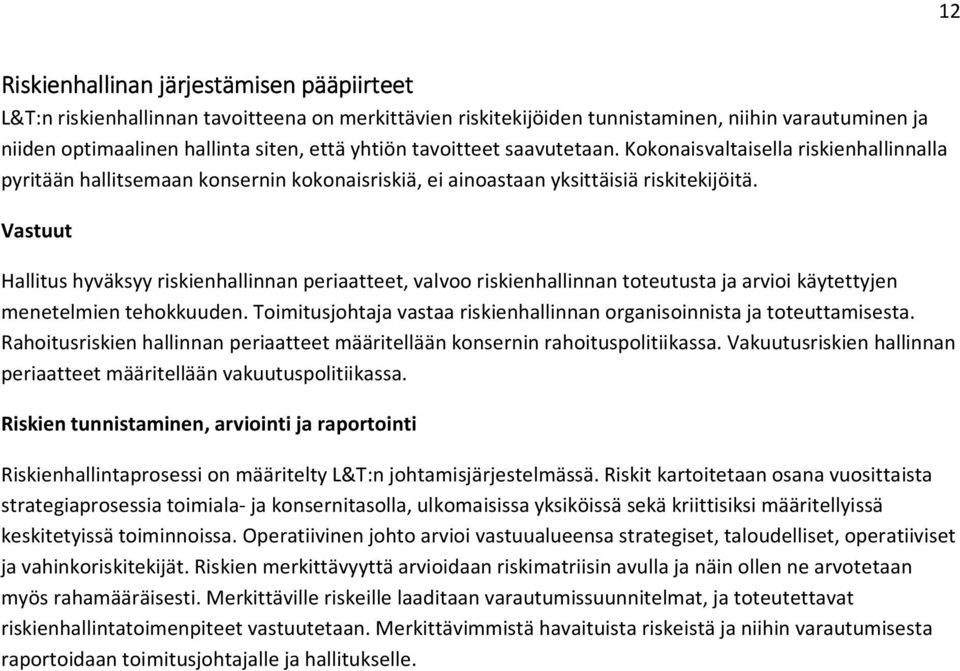 Vastuut Hallitus hyväksyy riskienhallinnan periaatteet, valvoo riskienhallinnan toteutusta ja arvioi käytettyjen menetelmien tehokkuuden.