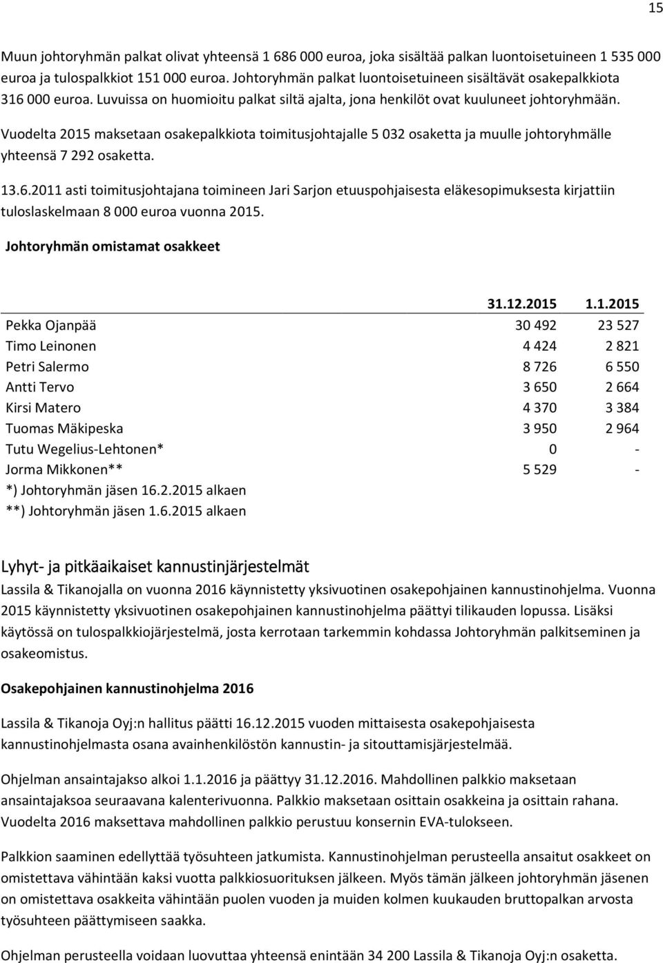 Vuodelta 2015 maksetaan osakepalkkiota toimitusjohtajalle 5 032 osaketta ja muulle johtoryhmälle yhteensä 7 292 osaketta. 13.6.