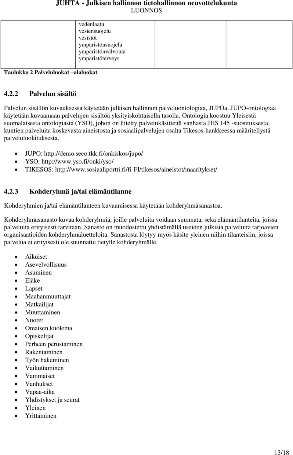 Ontologia koostuu Yleisestä suomalaisesta ontologiasta (YSO), johon on liitetty palvelukäsitteitä vanhasta JHS 145 -suosituksesta, kuntien palveluita koskevasta aineistosta ja sosiaalipalvelujen