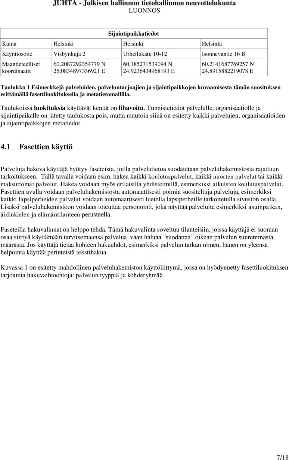 8915882219078 E Taulukko 1 Esimerkkejä palveluiden, palveluntarjoajien ja sijaintipaikkojen kuvaamisesta tämän suosituksen esittämällä fasettiluokituksella ja metatietomallilla.