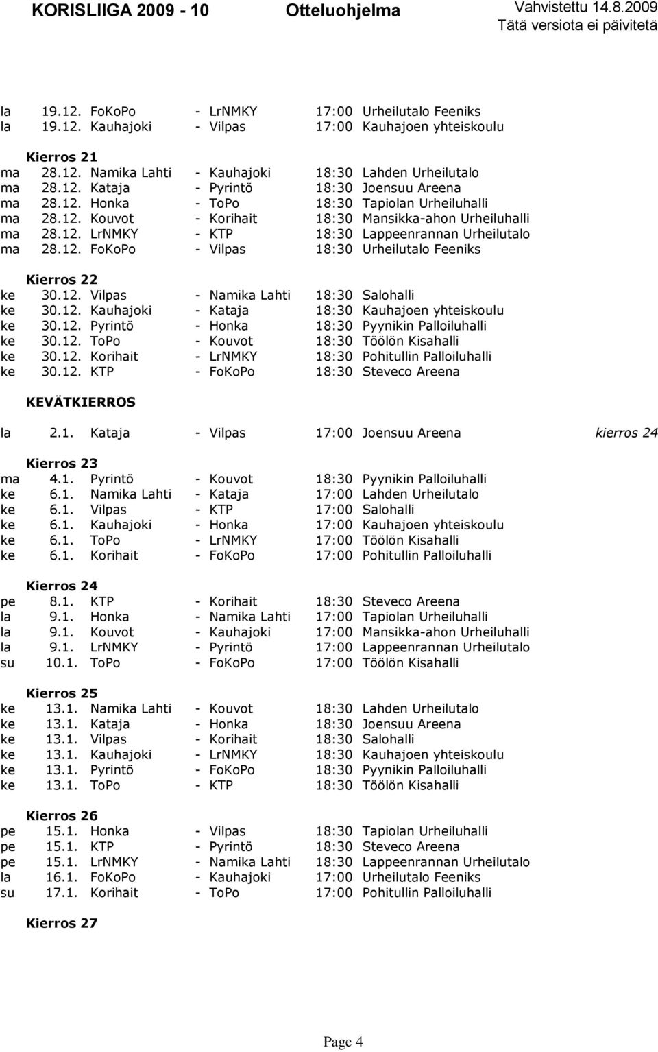 12. Vilpas - Namika Lahti 18:30 Salohalli ke 30.12. Kauhajoki - Kataja 18:30 Kauhajoen yhteiskoulu ke 30.12. Pyrintö - Honka 18:30 Pyynikin Palloiluhalli ke 30.12. ToPo - Kouvot 18:30 Töölön Kisahalli ke 30.