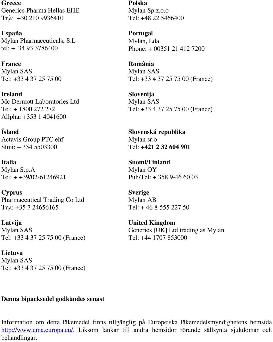 ar +353 1 4041600 Ísland Actavis Group PTC ehf Sími: + 354 5503300 Italia Mylan S.p.A Tel: + +39/02-61246921 Cyprus Pharmaceutical Trading Co Ltd Τηλ: +35 7 24656165 Latvija Polska Mylan Sp.z.o.o Tel: +48 22 5466400 Portugal Mylan, Lda.