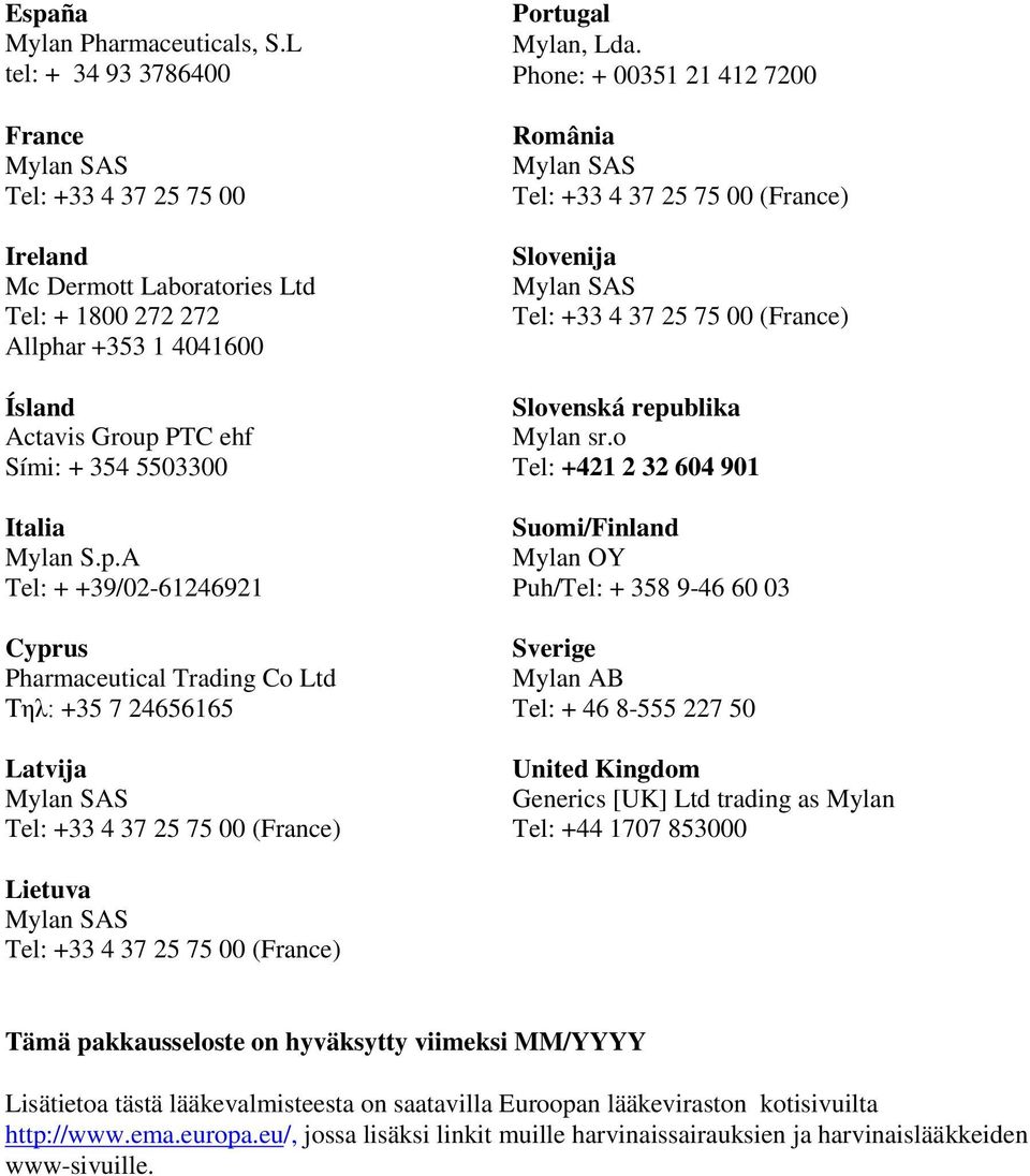 ar +353 1 4041600 Ísland Actavis Group PTC ehf Sími: + 354 5503300 Italia Mylan S.p.A Tel: + +39/02-61246921 Cyprus Pharmaceutical Trading Co Ltd Τηλ: +35 7 24656165 Latvija Portugal Mylan, Lda.