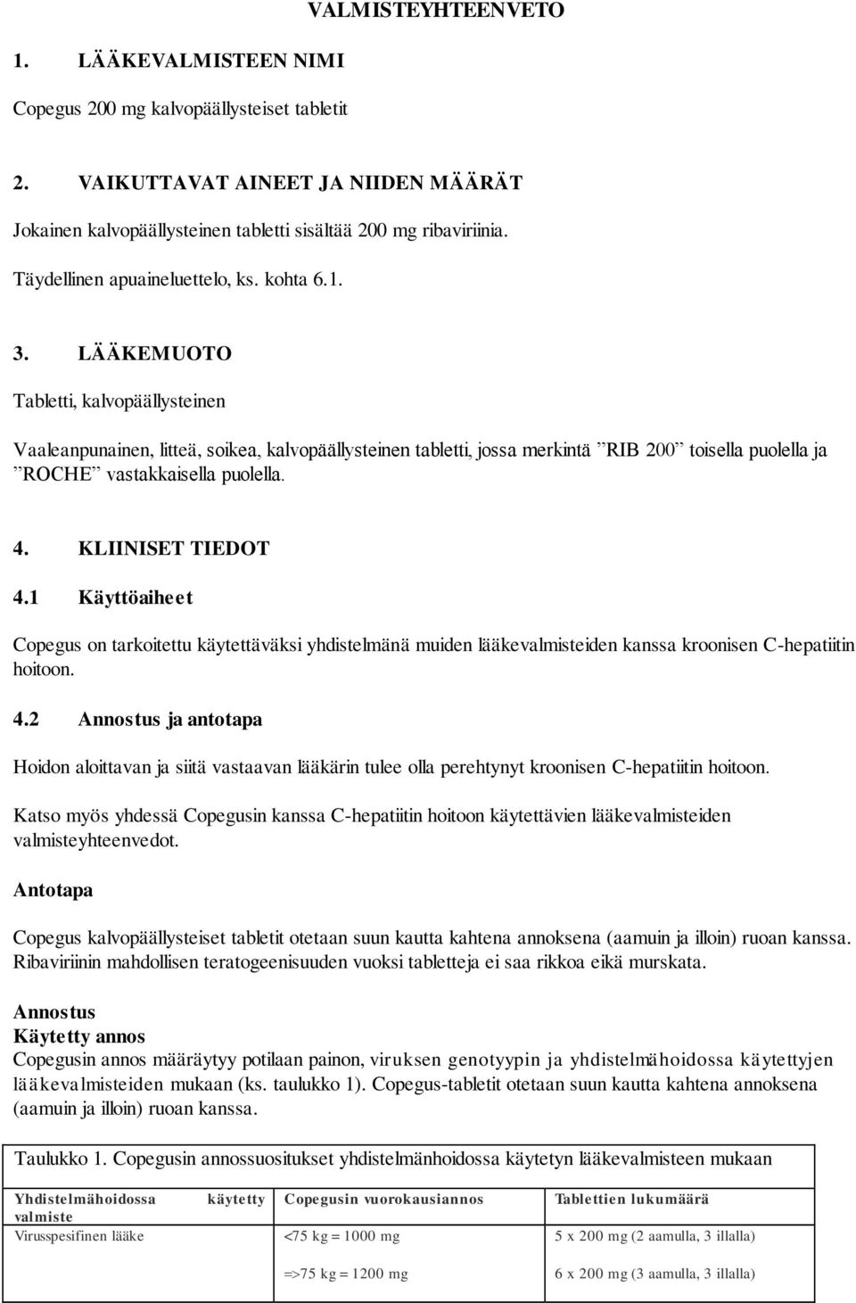 LÄÄKEMUOTO Tabletti, kalvopäällysteinen Vaaleanpunainen, litteä, soikea, kalvopäällysteinen tabletti, jossa merkintä RIB 200 toisella puolella ja ROCHE vastakkaisella puolella. 4. KLIINISET TIEDOT 4.