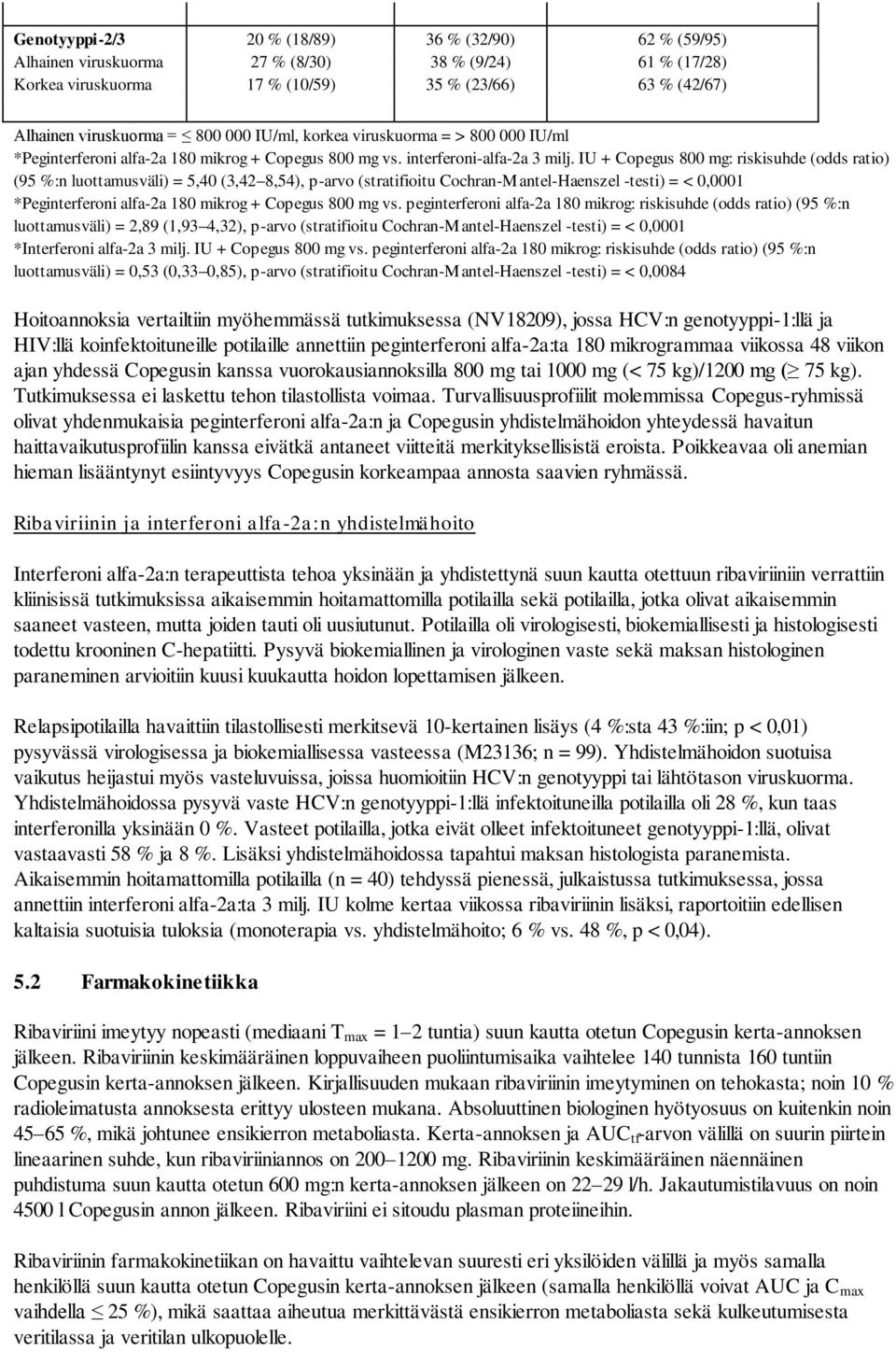 IU 800 mg: riskisuhde (odds ratio) (95 %:n luottamusväli) = 5,40 (3,42 8,54), p-arvo (stratifioitu Cochran-Mantel-Haenszel -testi) = < 0,0001 *Peginterferoni alfa-2a 800 mg vs.