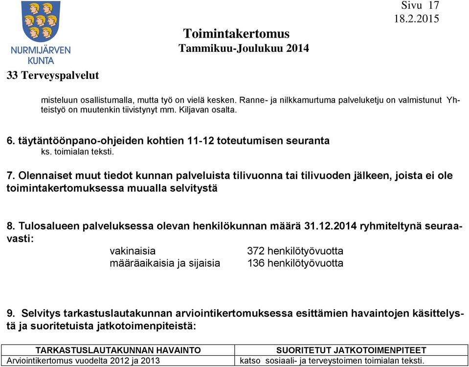 Tulosalueen palveluksessa olevan henkilökunnan määrä 31.12.2014 ryhmiteltynä seuraavasti: vakinaisia 372 henkilötyövuotta määräaikaisia ja sijaisia 136 henkilötyövuotta 9.