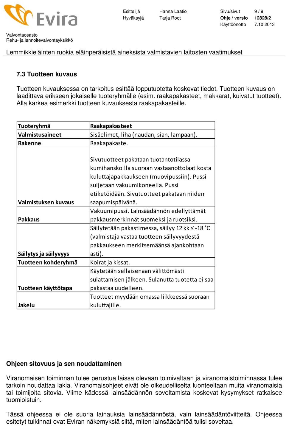Tuoteryhmä Valmistusaineet Rakenne Valmistuksen kuvaus Pakkaus Säilytys ja säilyvyys Tuotteen kohderyhmä Tuotteen käyttötapa Jakelu Raakapakasteet Sisäelimet, liha (naudan, sian, lampaan).