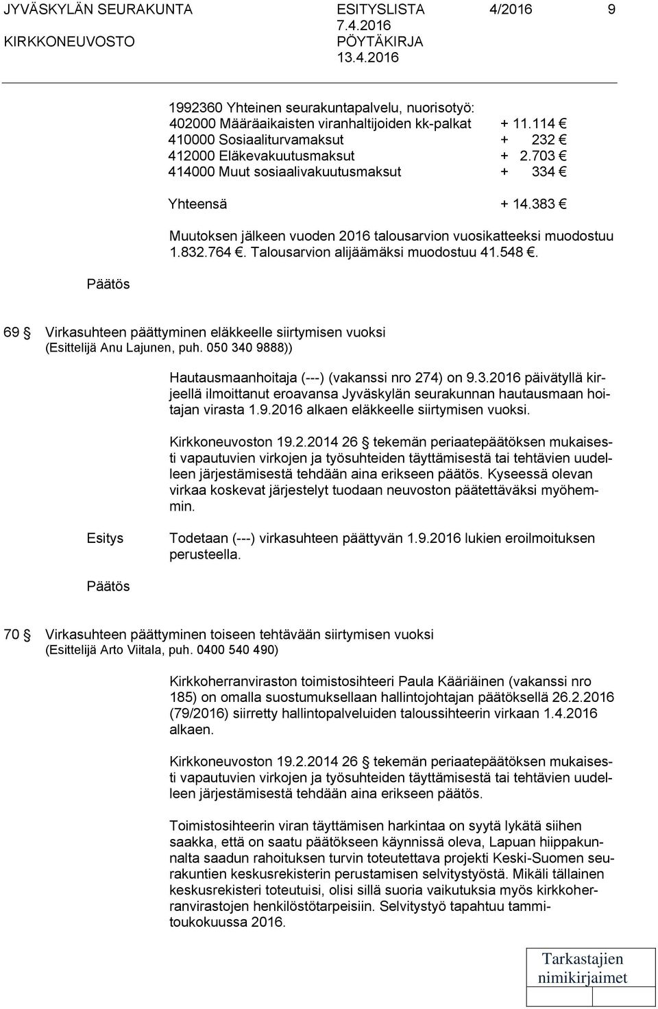 383 Muutoksen jälkeen vuoden 2016 talousarvion vuosikatteeksi muodostuu 1.832.764. Talousarvion alijäämäksi muodostuu 41.548.