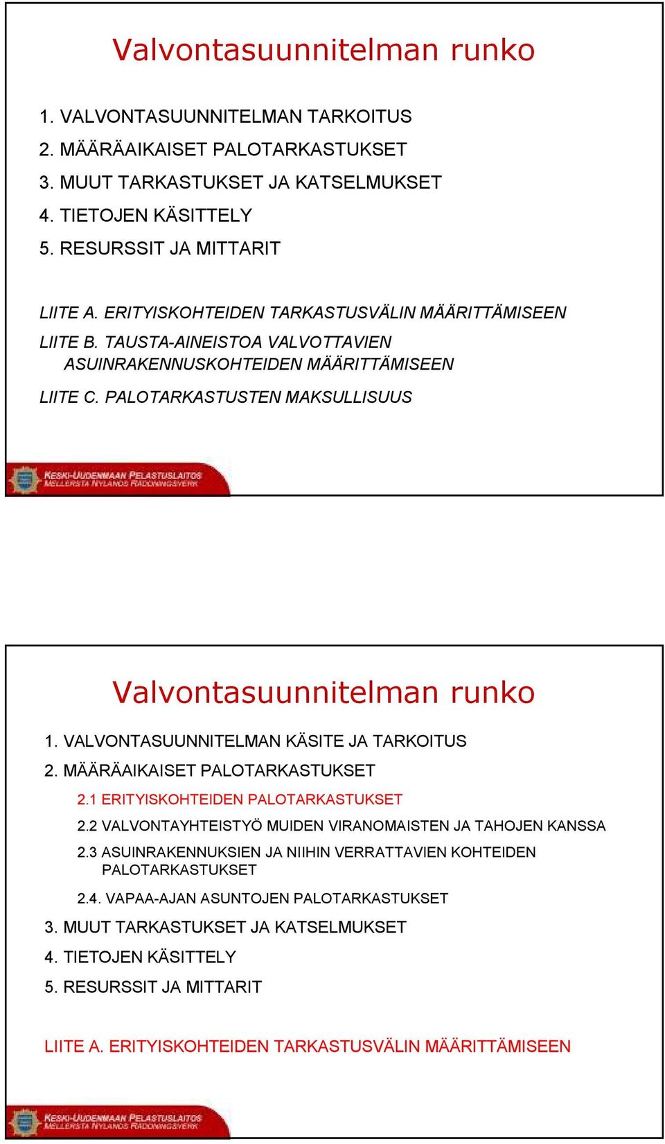 VALVONTASUUNNITELMAN KÄSITE JA TARKOITUS 2. MÄÄRÄAIKAISET PALOTARKASTUKSET 2.1 ERITYISKOHTEIDEN PALOTARKASTUKSET 2.2 VALVONTAYHTEISTYÖ MUIDEN VIRANOMAISTEN JA TAHOJEN KANSSA 2.