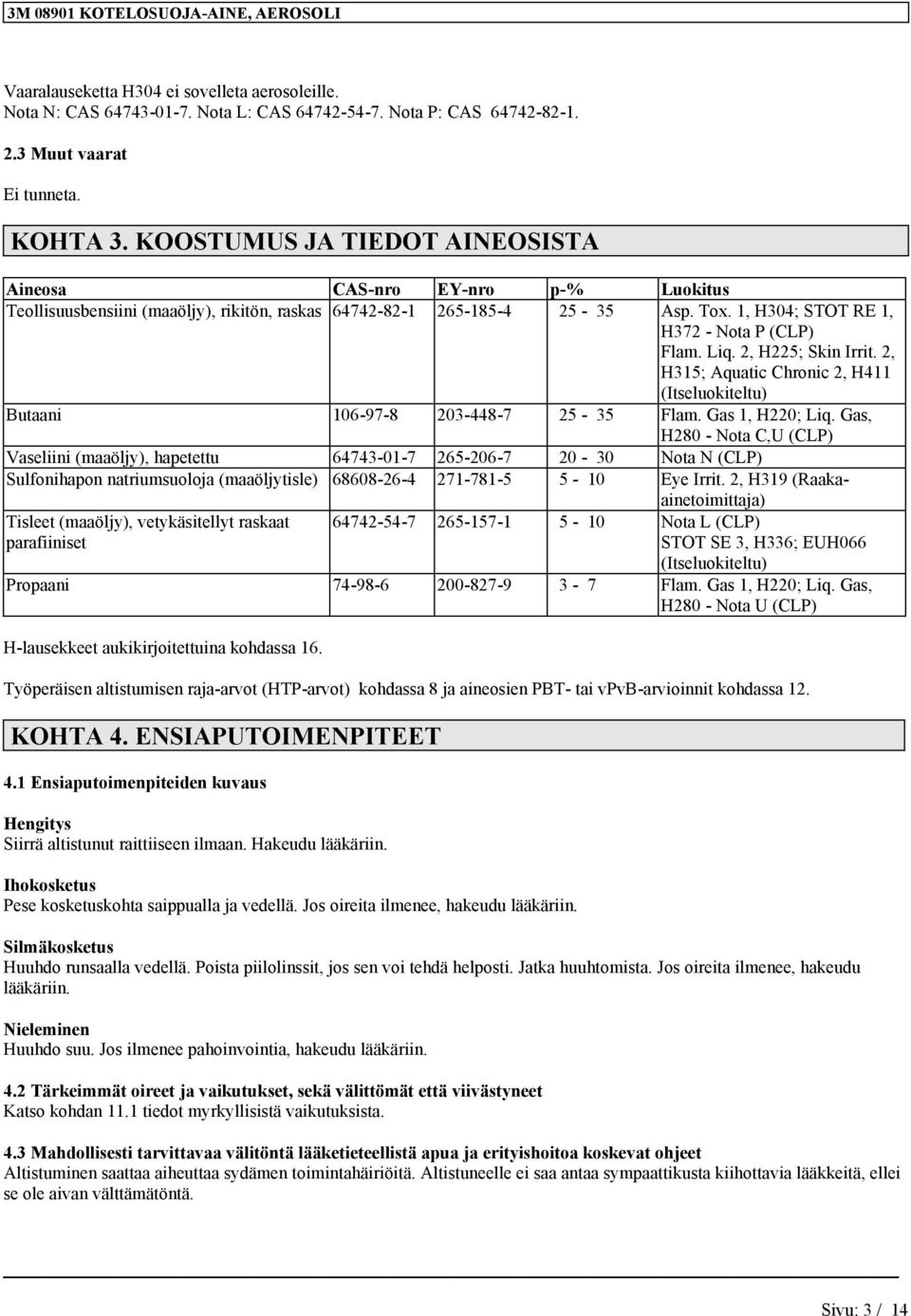 2, H315; Aquatic Chronic 2, H411 (Itseluokiteltu) Butaani 106-97-8 203-448-7 25-35 Flam. Gas 1, H220; Liq.