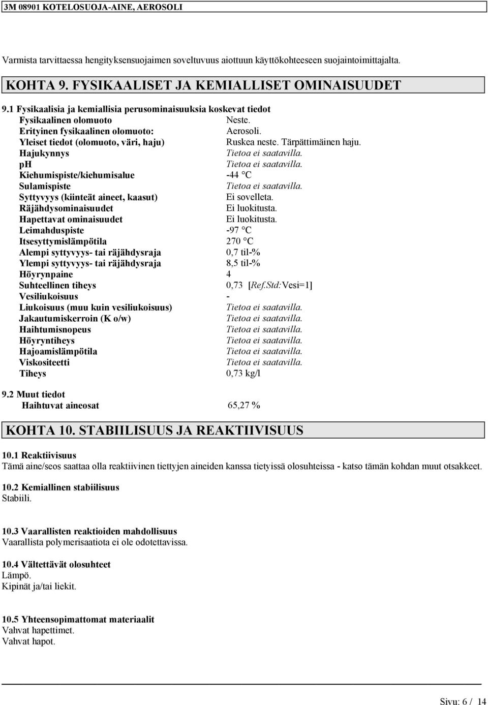 Tärpättimäinen haju. Hajukynnys Tietoa ei ph Tietoa ei Kiehumispiste/kiehumisalue -44 C Sulamispiste Tietoa ei Syttyvyys (kiinteät aineet, kaasut) Ei sovelleta. Räjähdysominaisuudet Ei.