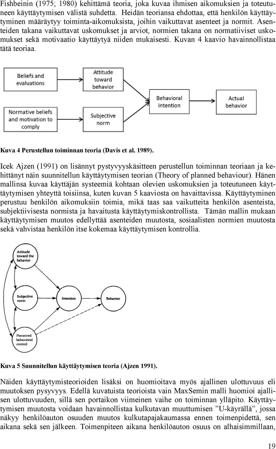 Asenteiden takana vaikuttavat uskomukset ja arviot, normien takana on normatiiviset uskomukset sekä motivaatio käyttäytyä niiden mukaisesti. Kuvan 4 kaavio havainnollistaa tätä teoriaa.