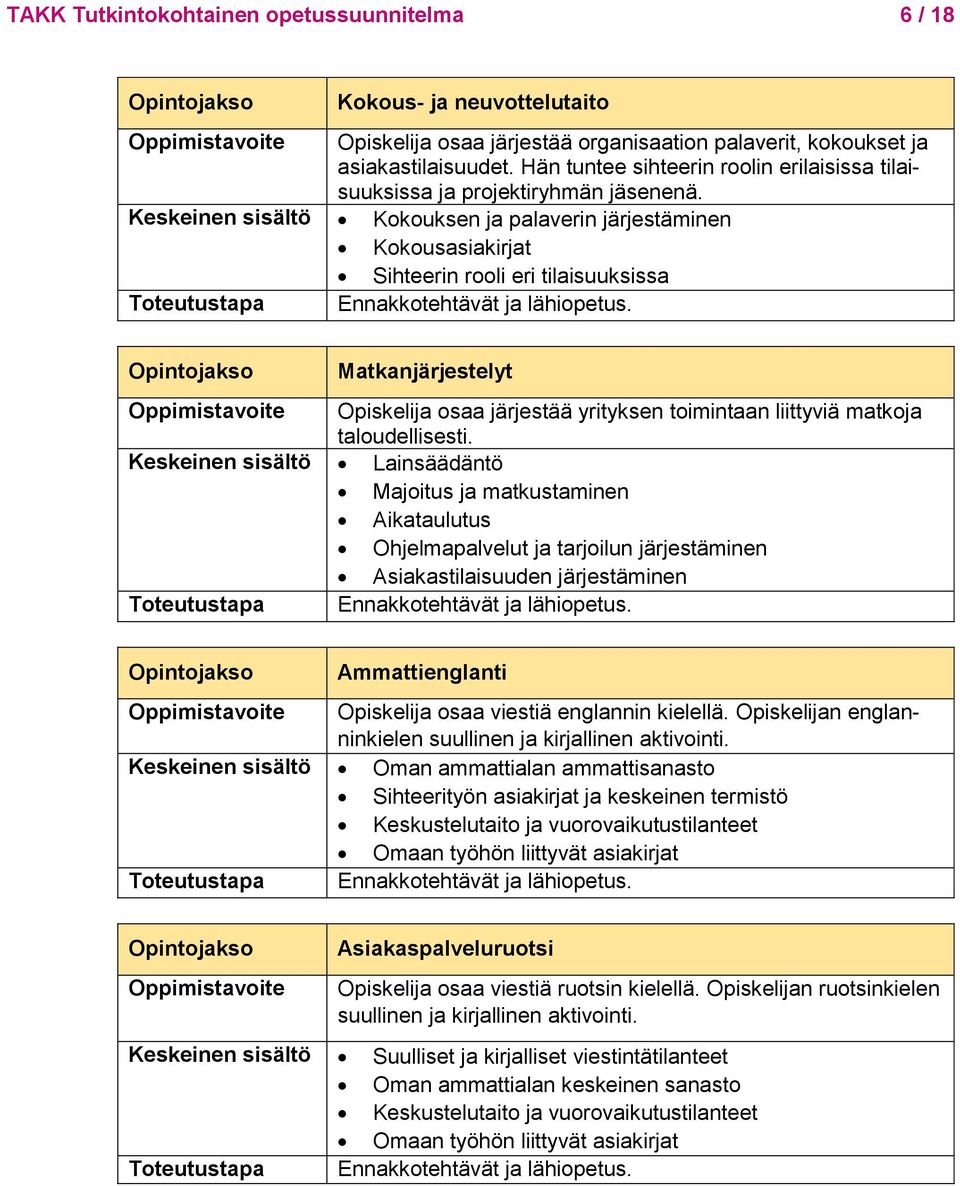 Keskeinen sisältö Kokouksen ja palaverin järjestäminen Kokousasiakirjat Sihteerin rooli eri tilaisuuksissa Toteutustapa Ennakkotehtävät ja lähiopetus.