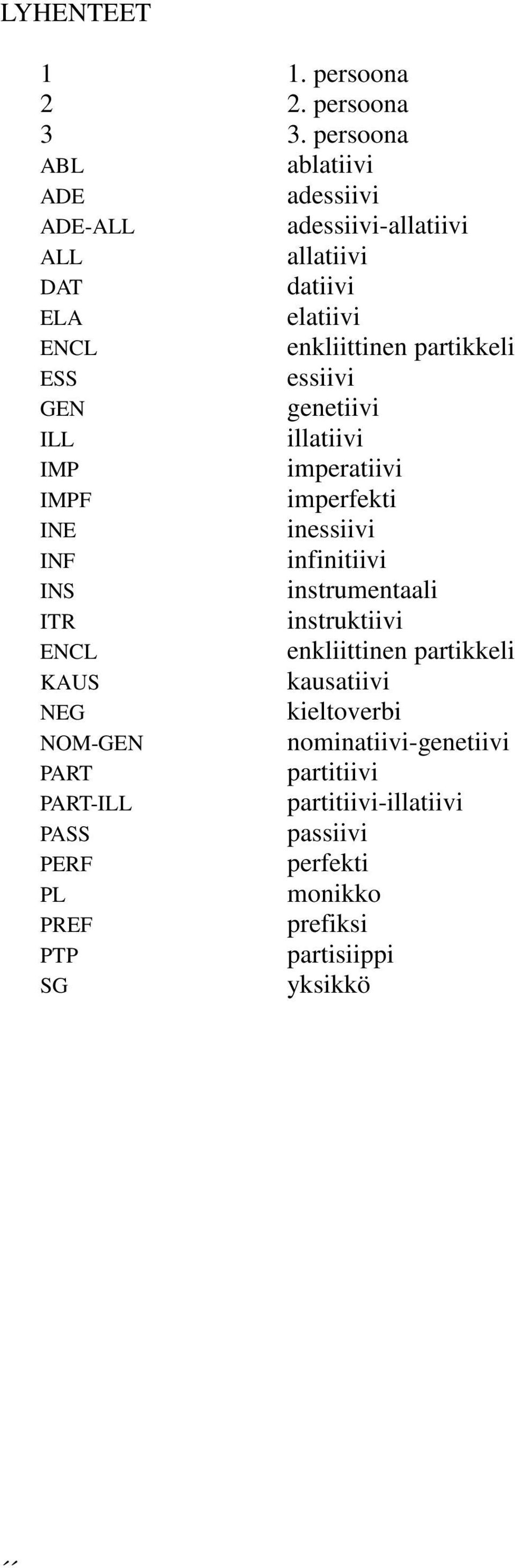 ESS essiivi GEN genetiivi ILL illatiivi IMP imperatiivi IMPF imperfekti INE inessiivi INF infinitiivi INS instrumentaali ITR