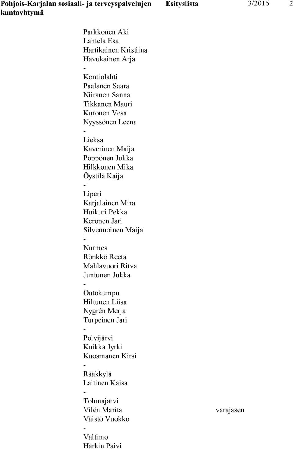 Silvennoinen Maija Nurmes Rönkkö Reeta Mahlavuori Ritva Juntunen Jukka Outokumpu Hiltunen Liisa Nygrén Merja Turpeinen Jari Polvijärvi