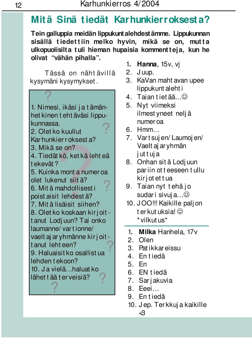 Nimesi, ikäsi ja tämänhetkinen tehtäväsi lippukunnassa. 2. Oletko kuullut Karhunkierroksesta? 3. Mikä? se on? 4. Tiedätkö, ketkä lehteä tekevät? 5. Kuinka monta numeroa olet lukenut siitä?? 6.