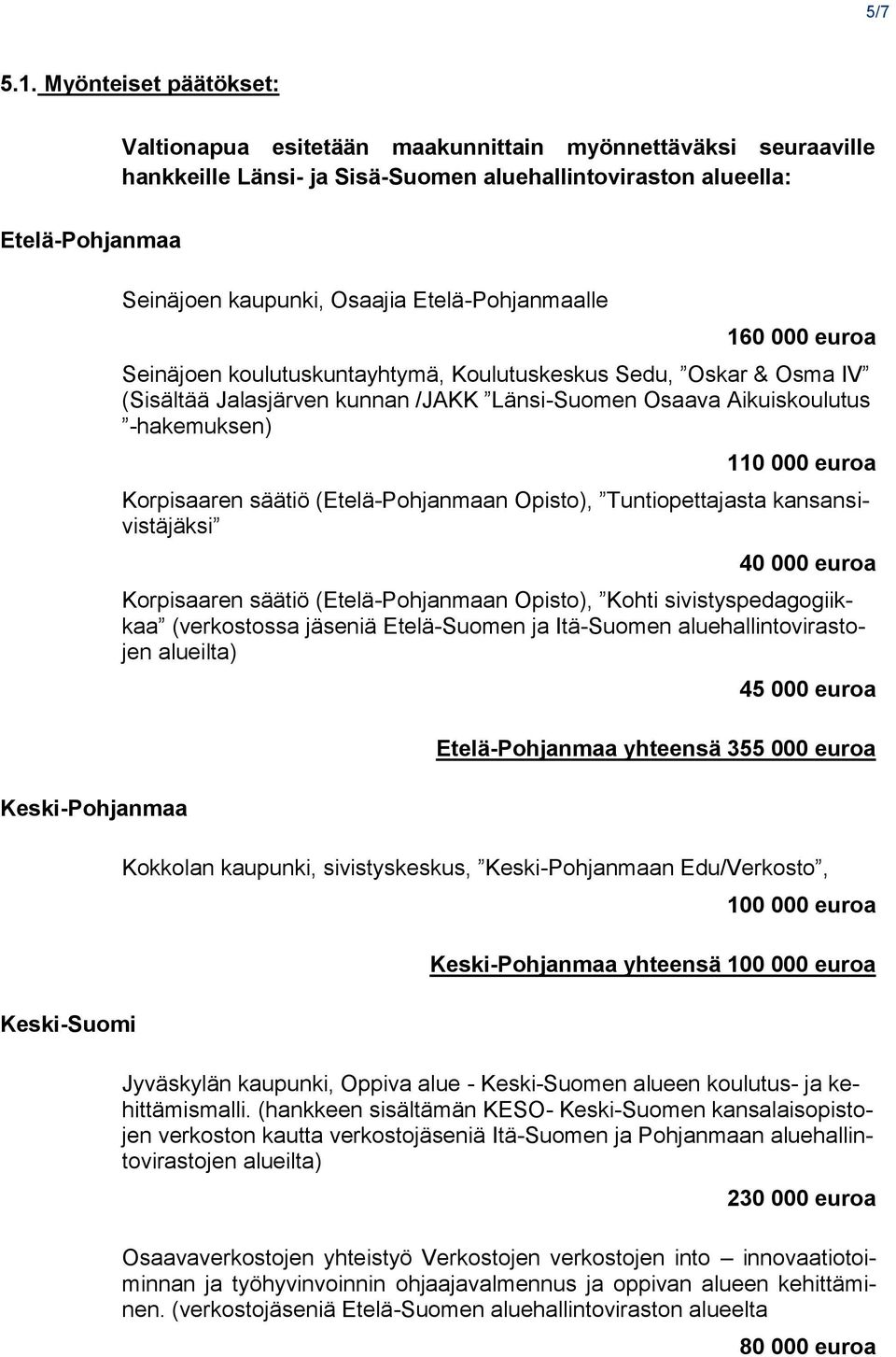 Seinäjoen kaupunki, Osaajia Etelä-Pohjanmaalle 160 000 euroa Seinäjoen koulutuskuntayhtymä, Koulutuskeskus Sedu, Oskar & Osma IV (Sisältää Jalasjärven kunnan /JAKK Länsi-Suomen Osaava Aikuiskoulutus