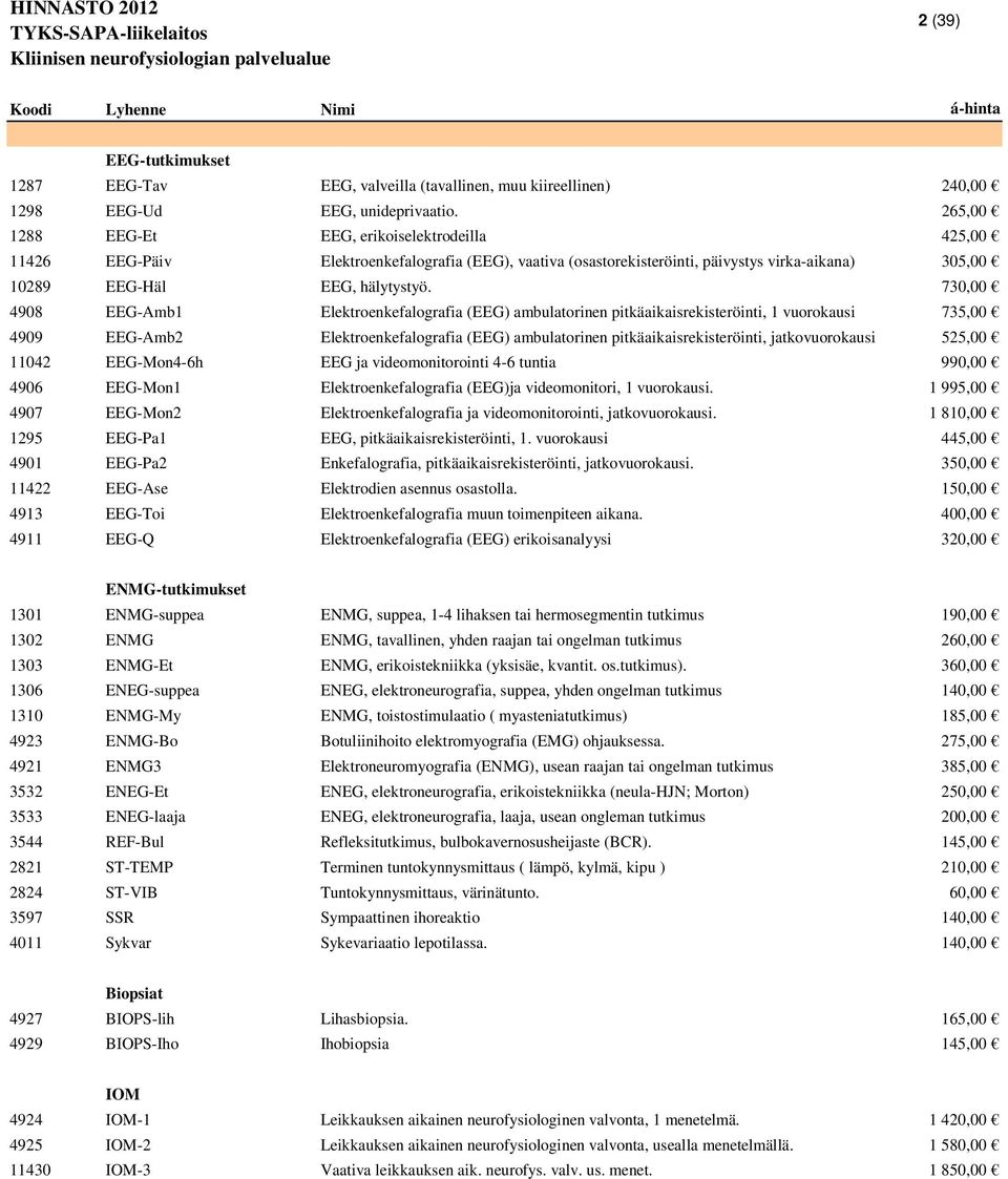 730,00 4908 EEG-Amb1 Elektroenkefalografia (EEG) ambulatorinen pitkäaikaisrekisteröinti, 1 vuorokausi 735,00 4909 EEG-Amb2 Elektroenkefalografia (EEG) ambulatorinen pitkäaikaisrekisteröinti,