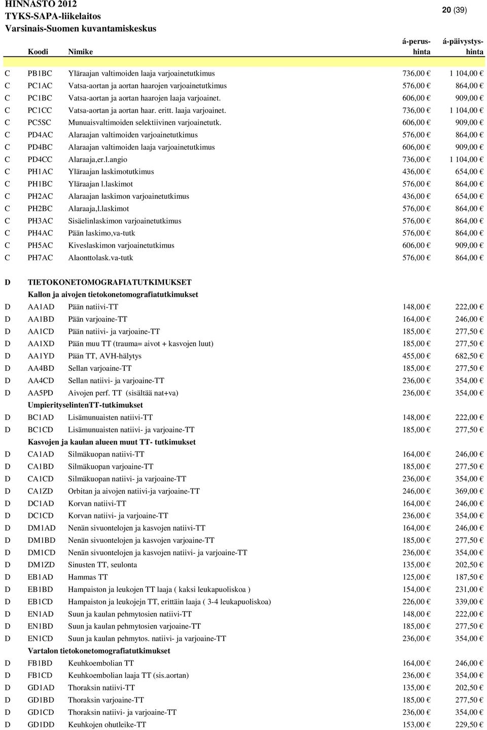 606,00 909,00 C PD4AC Alaraajan valtimoiden varjoainetutkimus 576,00 864,00 C PD4BC Alaraajan valtimoiden laaja varjoainetutkimus 606,00 909,00 C PD4CC Alaraaja,er.l.angio 736,00 1 104,00 C PH1AC Yläraajan laskimotutkimus 436,00 654,00 C PH1BC Yläraajan l.