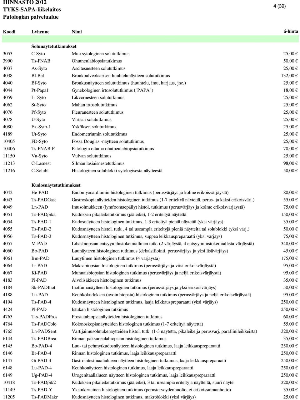 ) 25,00 4044 Pt-Papa1 Gynekologinen irtosolututkimus ("PAPA") 18,00 4059 Li-Syto Likvornesteen solututkimus 25,00 4062 St-Syto Mahan irtosolututkimus 25,00 4076 Pf-Syto Pleuranesteen solututkimus