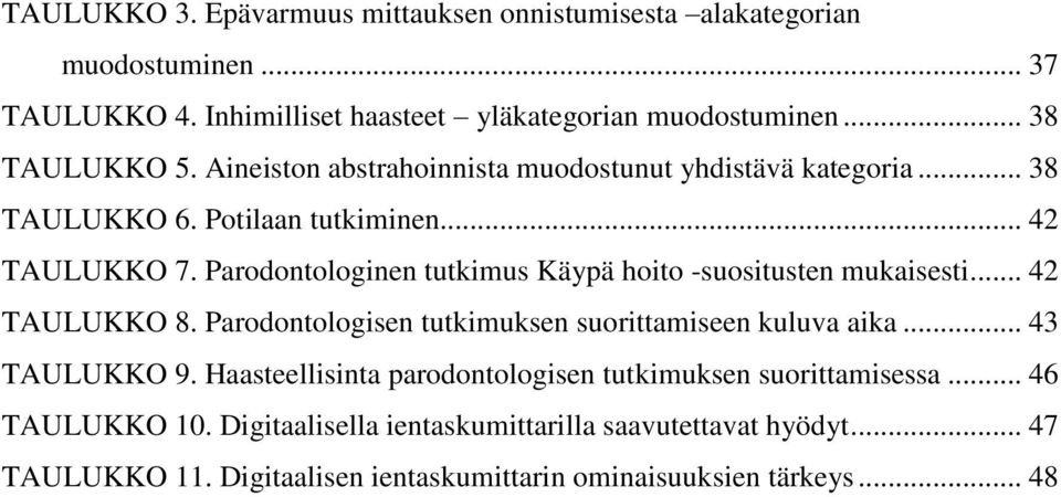 Parodontologinen tutkimus Käypä hoito -suositusten mukaisesti... 42 TAULUKKO 8. Parodontologisen tutkimuksen suorittamiseen kuluva aika... 43 TAULUKKO 9.